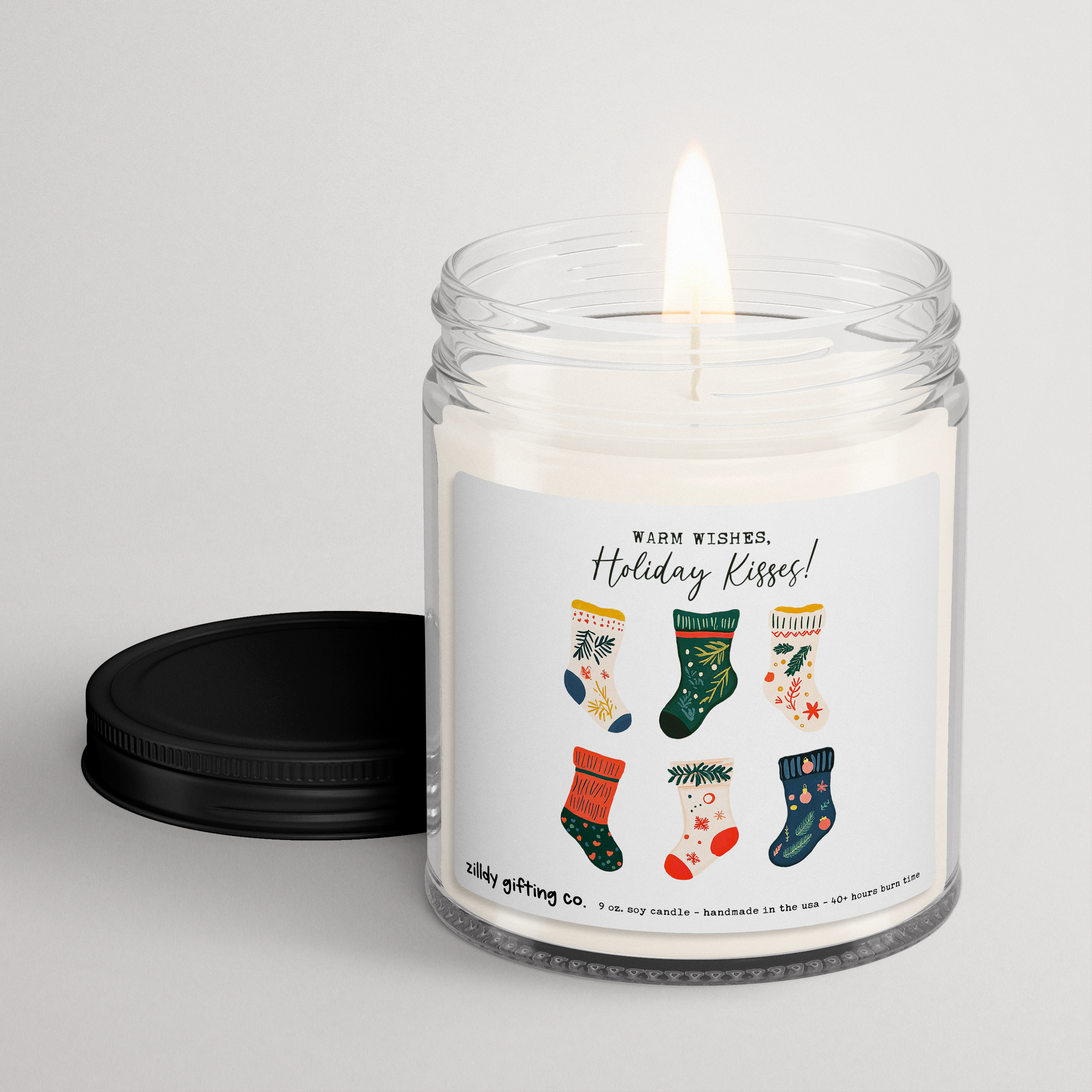 Warm Wishes, Holiday Kisses! with Festive Stockings Personalized Soy Candle Gift • Christmas Holidays - Image 3
