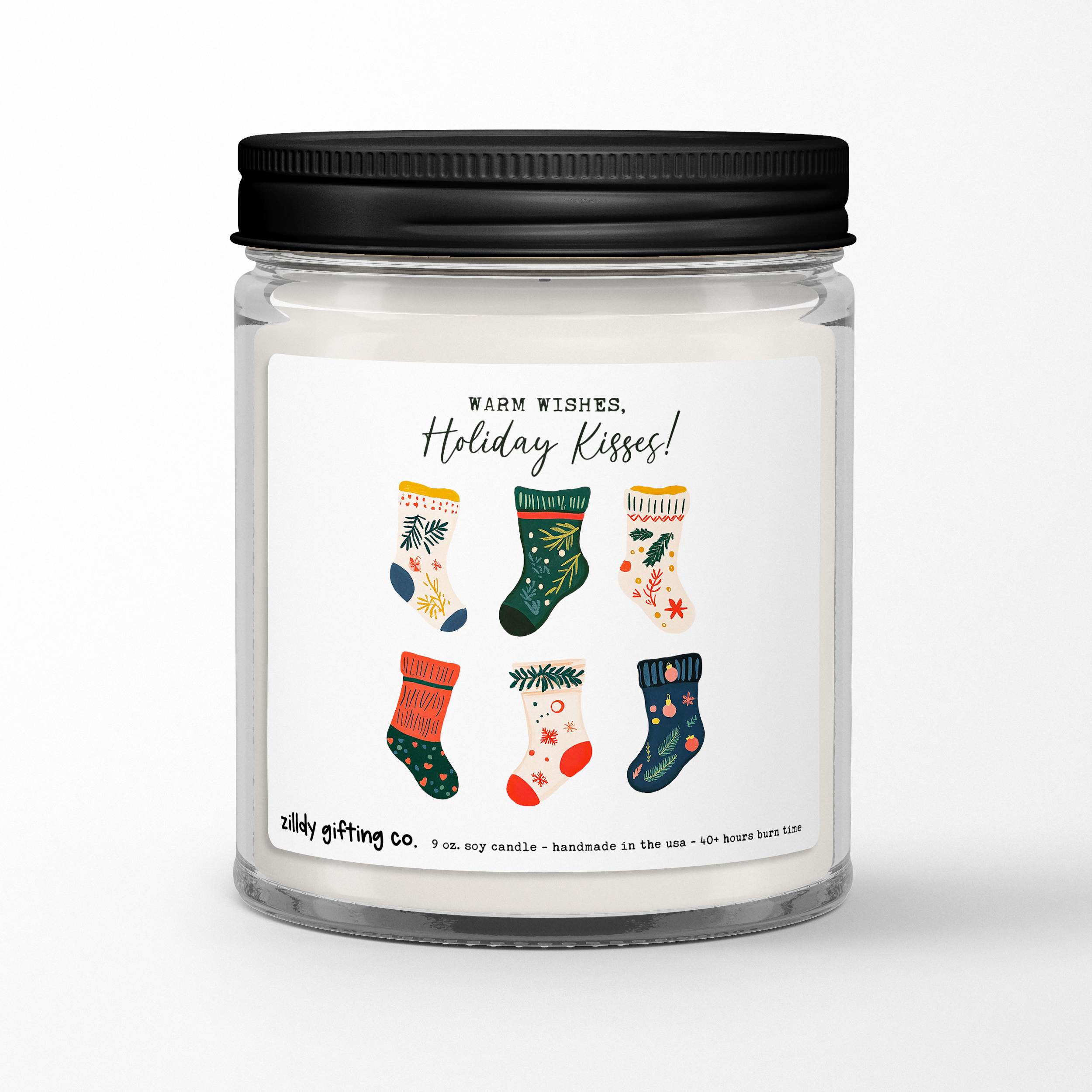 Warm Wishes, Holiday Kisses! with Festive Stockings Personalized Soy Candle Gift • Christmas Holidays