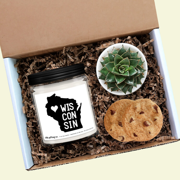 Wisconsin Personalized Soy Candle, Succulent and Cookies Gift