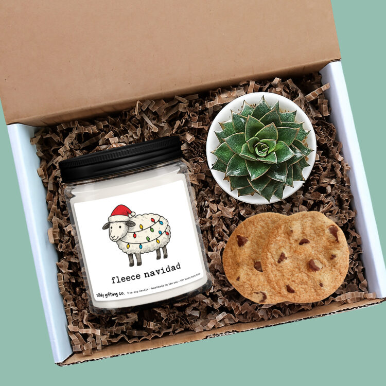 Funny Christmas Candle Gift - “Fleece Navidad” - Personalized Candle, Succulent & Cookies