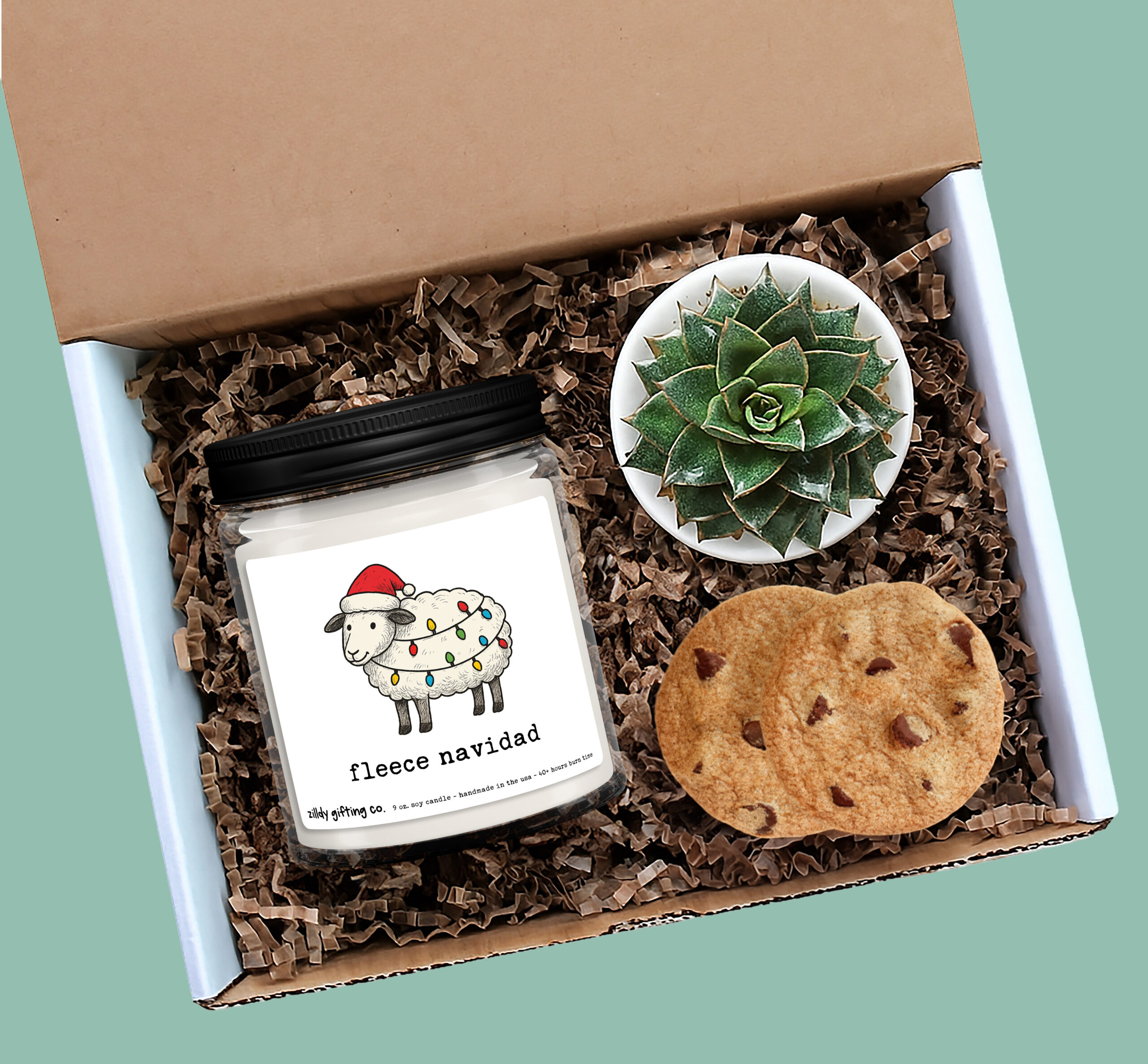 Funny Christmas Candle Gift - “Fleece Navidad” - Personalized Candle, Succulent & Cookies