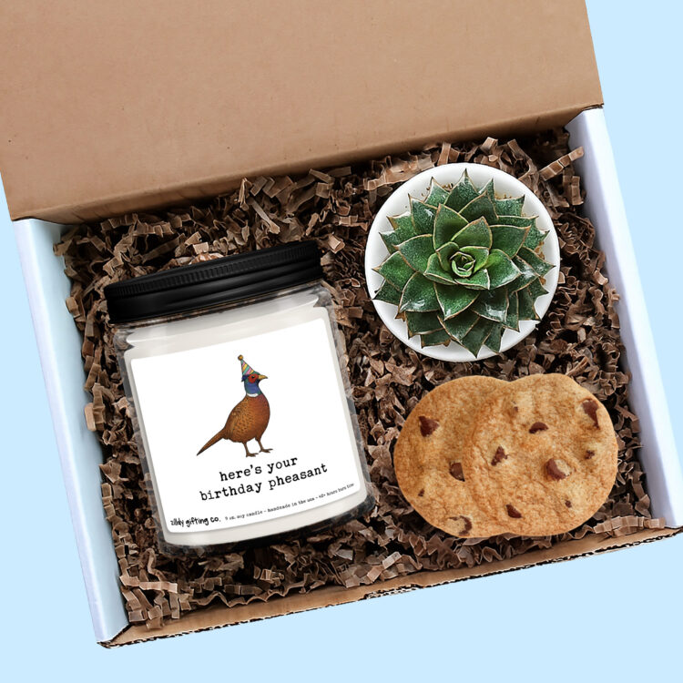 Funny Birthday Candle Gift Box – “Here’s Your Birthday Pheasant” – Personalized Soy Candle with Succulent & Cookies – Handmade Gift