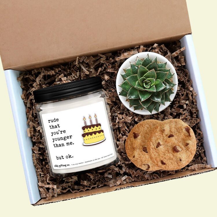 Rude That You’re Younger Than Me, But Ok Personalized Soy Candle, Succulent, and Cookies Gift
