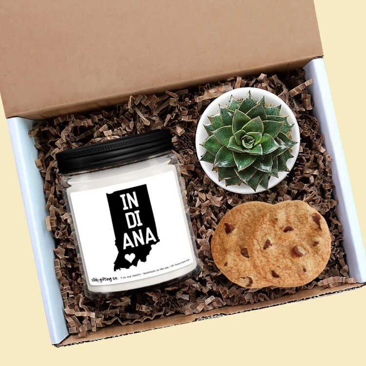 Indiana Candle, Succulent Gift Box with Cookies, Personalized 9oz Handmade Soy Candle, State Pride Gift, Housewarming, Thinking of You