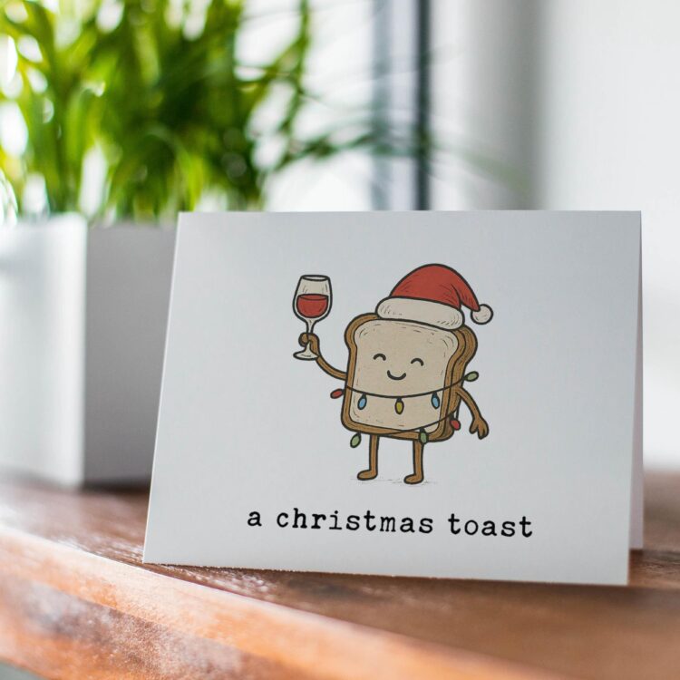Funny Christmas Card – “A Christmas Toast” Pun with Wine Greeting