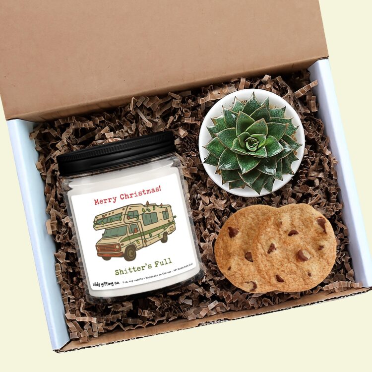 Funny Gift - "Merry Christmas Shitter's Full" - Personalized Soy Candle Succulent & Cookies