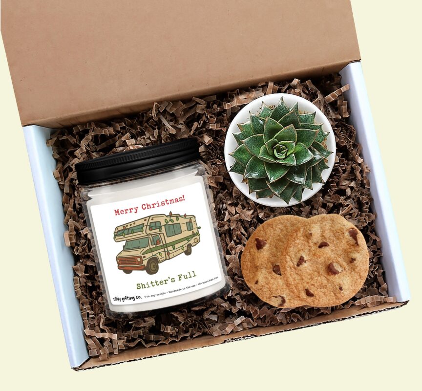 Funny Gift - "Merry Christmas Shitter's Full" - Personalized Soy Candle Succulent & Cookies