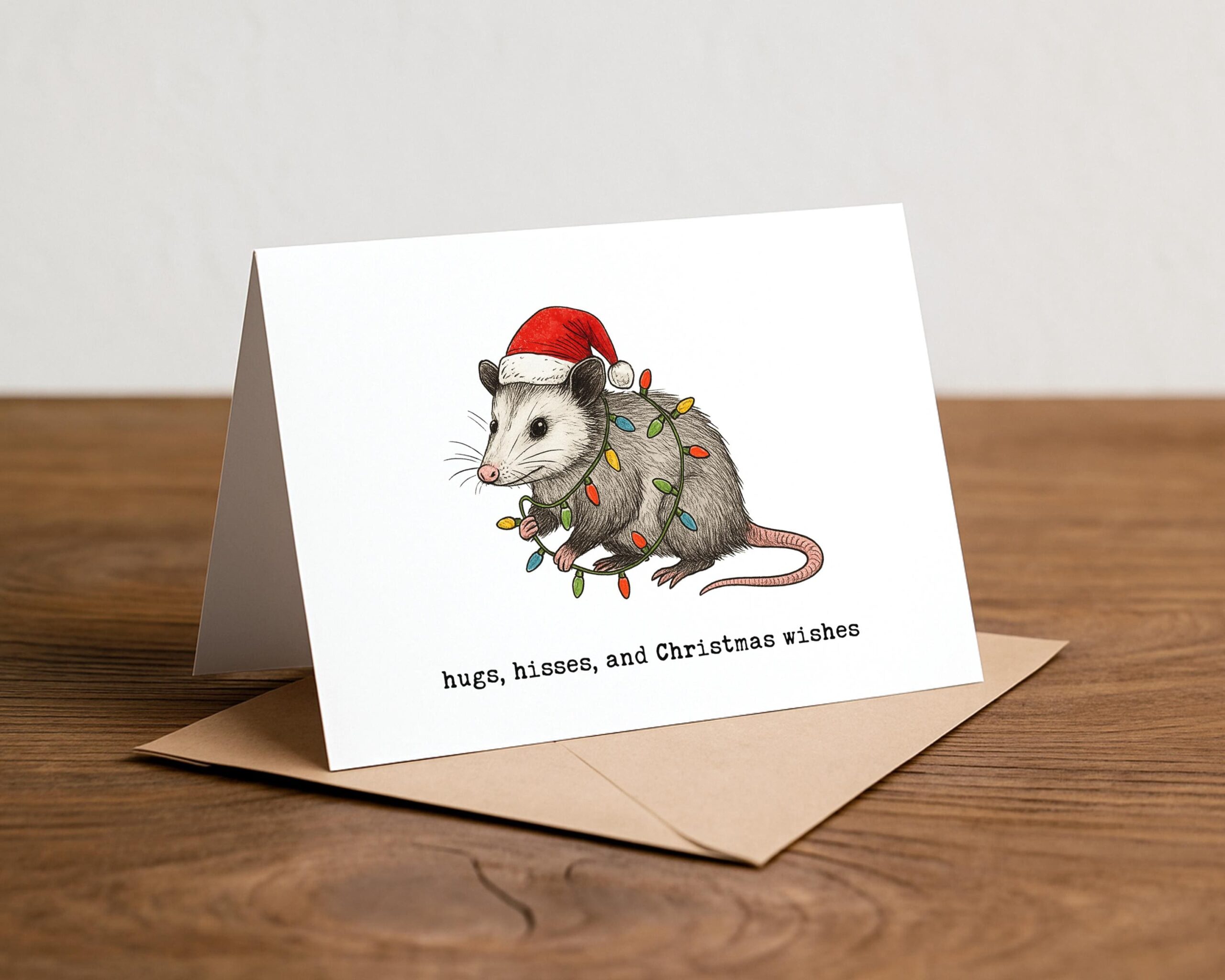 Hugs Hisses And Christmas Wishes Card – Funny Opossum Holiday Greeting - Image 3