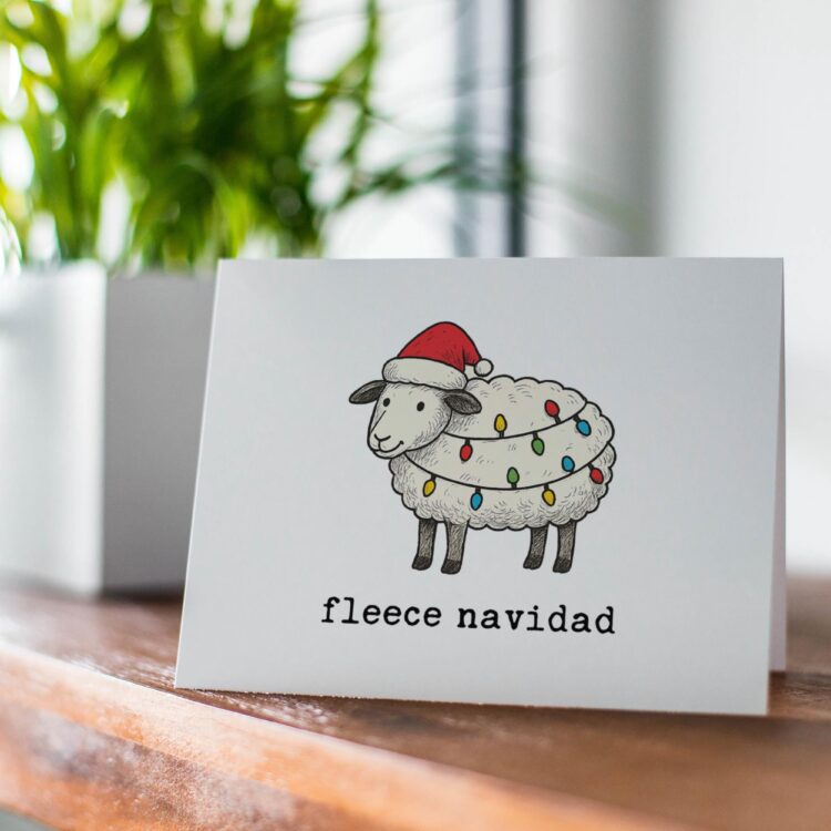 Fleece Navidad Christmas Funny Card - Sheep in Santa Hat Pun - Holiday Greeting